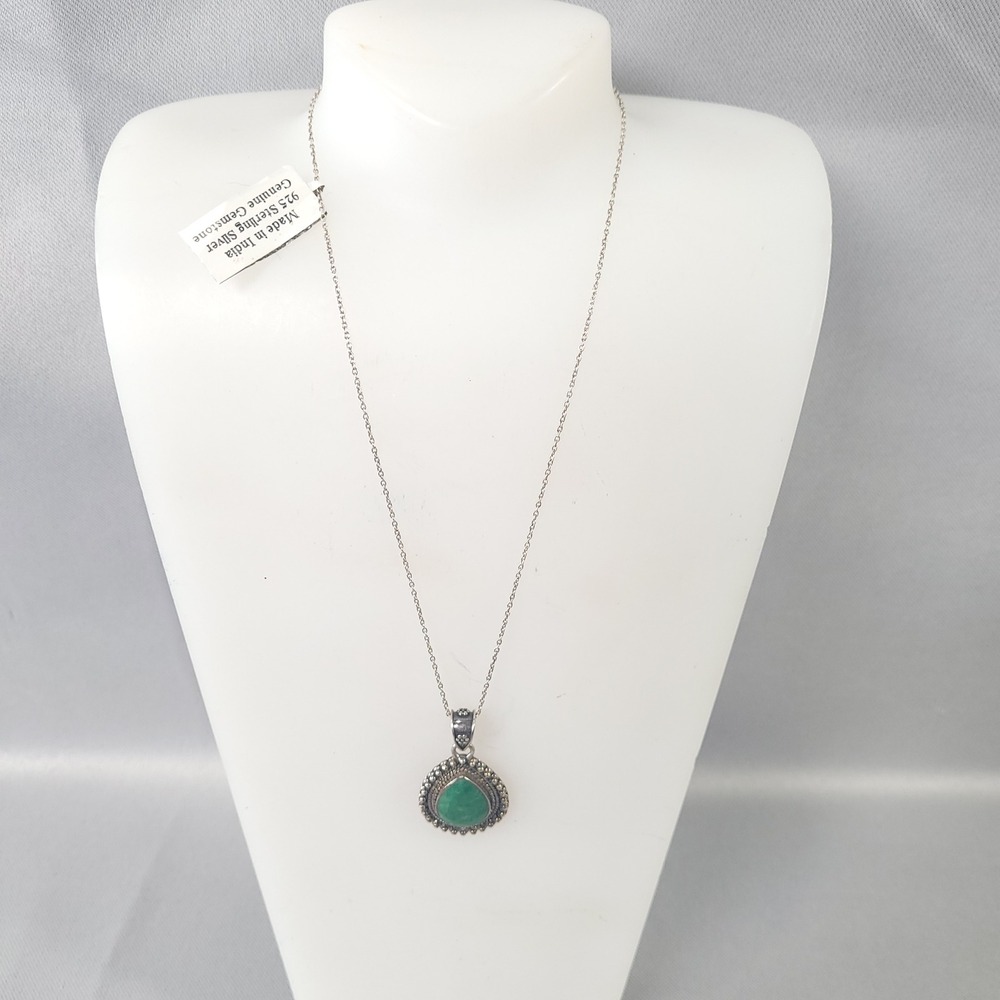 YS 925 Pendant Necklace Sterling Silver Emerald Beryl Teardrop‎ Made in India - Picture 2 of 10